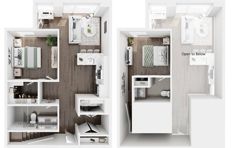 a stylized floor plan of a house with a bedroom and a living room